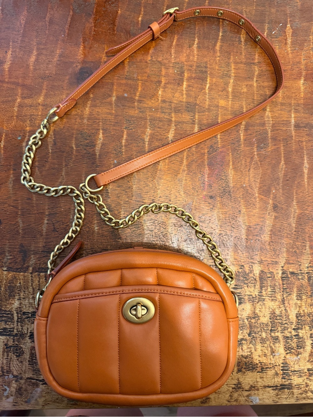 Coach Quilted Orange Leather Crossbody with Gold Chain